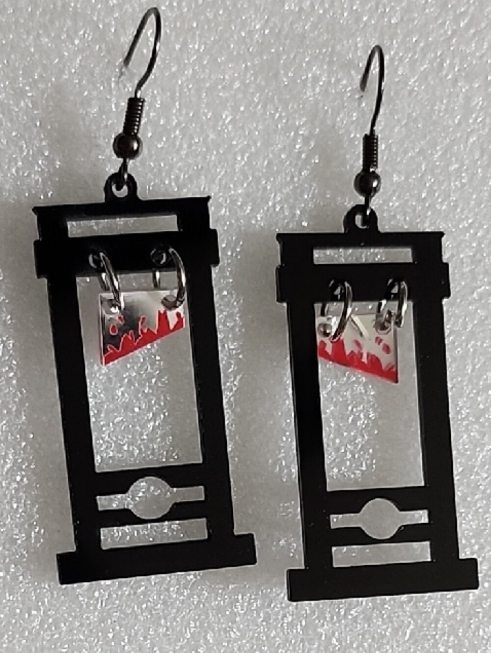 Hand Crafted Black and Red Guillotine-Inspired Dangle Earrings